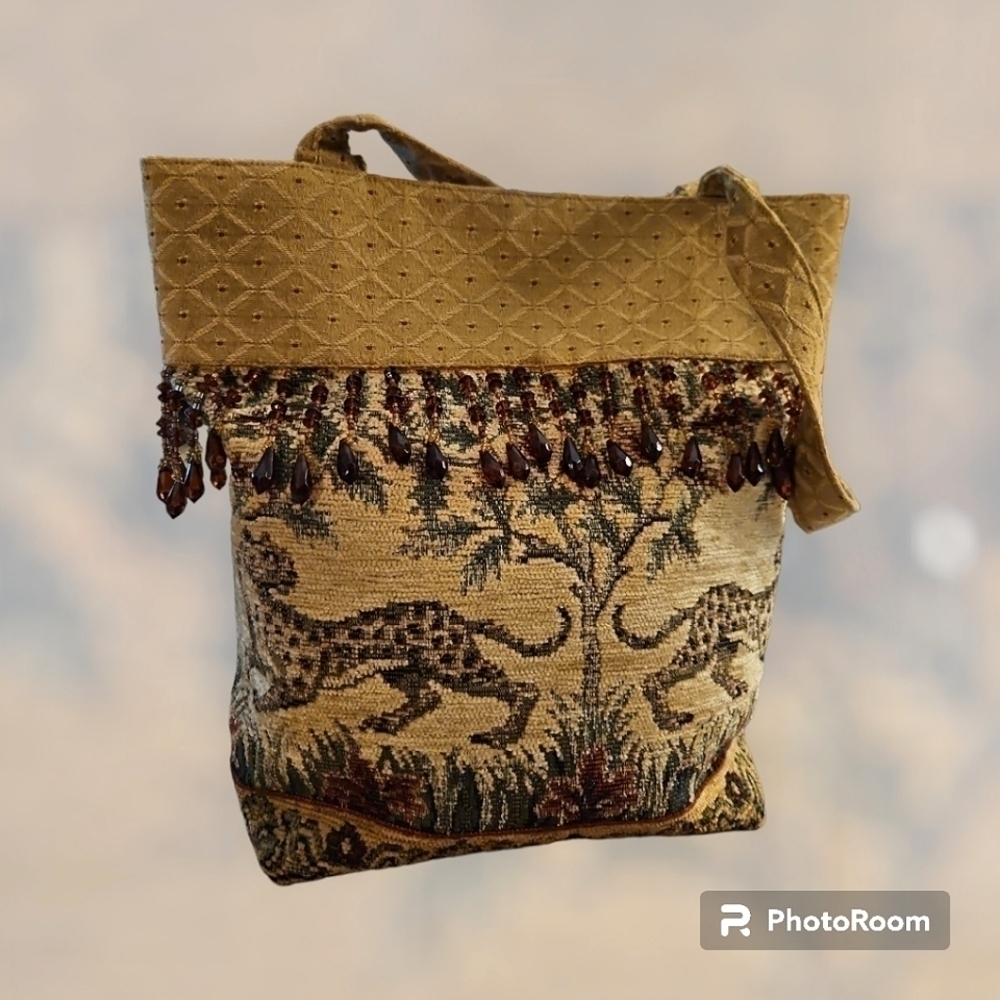 VTG 1990s Chic Couture Tapestry Ancient Egypt Cheetah Cloth Beaded Carpet Bag